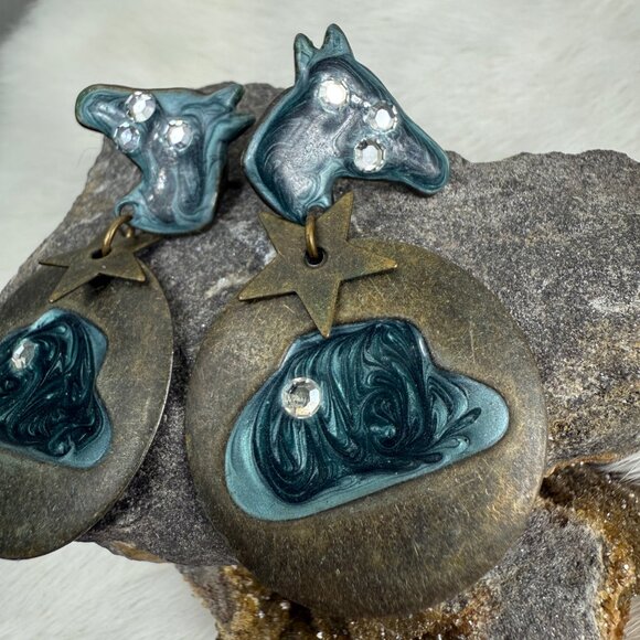 Vintage Enamel Copper Horse Cowboy Southwestern Dangle & Drop Earrings - Picture 2 of 8